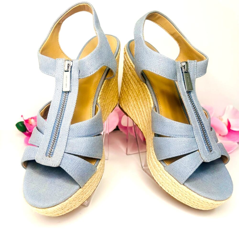 Michael Kors Berkley Espadrille Wedge Sandals 8.5M Blue Linen Zip Platform - Picture 4 of 17